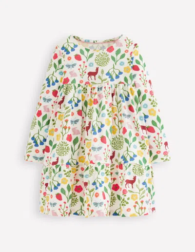 Boden Kids' Ariel Long Sleeve Twirly Dress Soft Ivory Woodland Walk Girls  In White