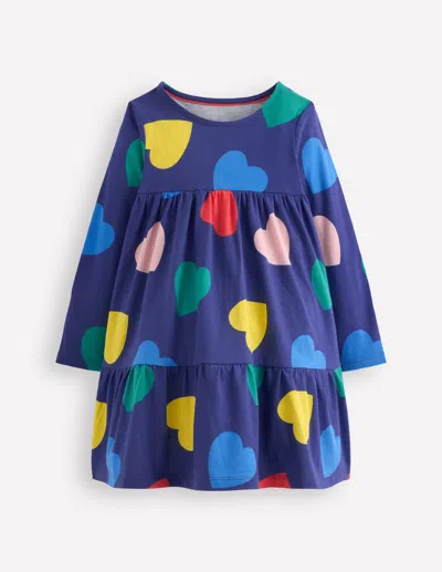 Boden Kids' Ariel Long Sleeve Twirly Dress Starboard Blue Hearts Girls