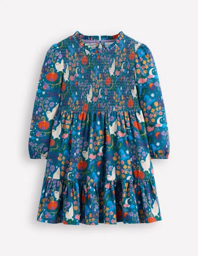 Boden Kids' Aurora Long Sleeve Dress Deep Sea Blue Spooky Toile