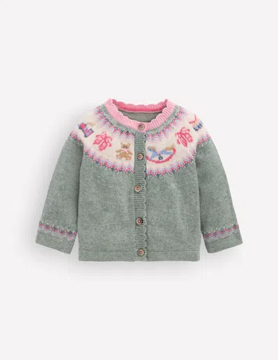 Boden Baby Fair Isle Cardigan In Green | Size 3-6 Months In Gray