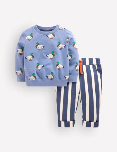 Boden Baby Striped Sweatshirt Play Set In Blue | Size 3-6 Months