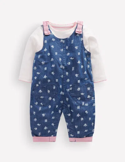 Boden Baby Woven Dungarees Set In Blue | Size 3-6 Months