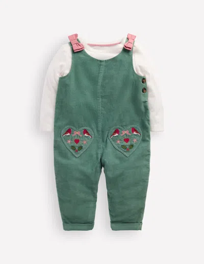 Boden Baby Woven Dungarees Set In Green | Size 3-6 Months