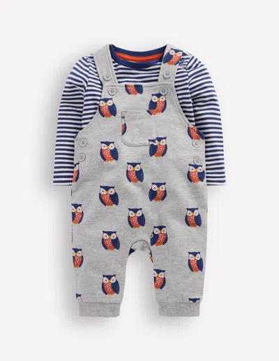 Boden Babies' Bedrucktes Jersey-oberteil Und Latzhose Im Set-grau Meliert, Eulen In Blue