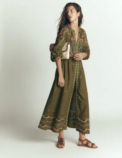 Boden Besticktes Leinenkleid In Grün | Grösse 48 In Green