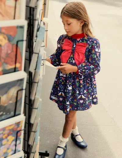 Boden Kids' Bow Button Through Dress Starboard Blue Love Birds  In Multi