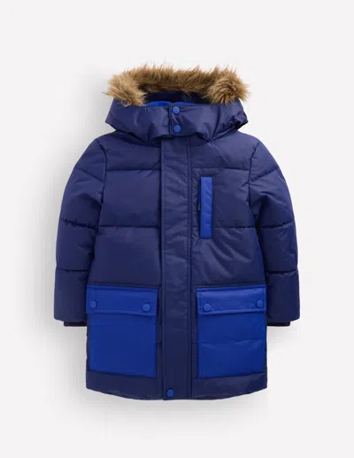 Boden Kids' Boys Fleece Lined Padded Coat In Blue | Size 2-3 Years