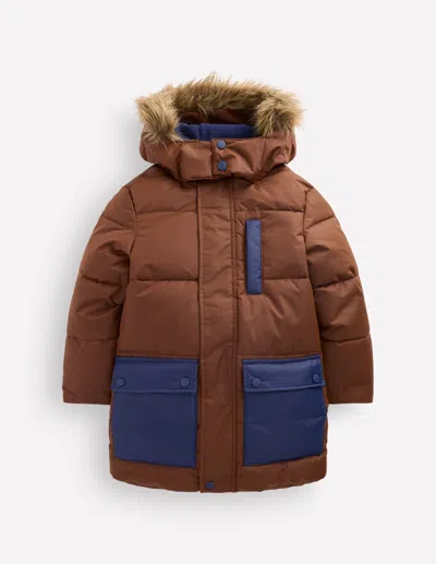 Boden Kids' Boys Fleece Lined Padded Coat In Brown | Size 2-3 Years