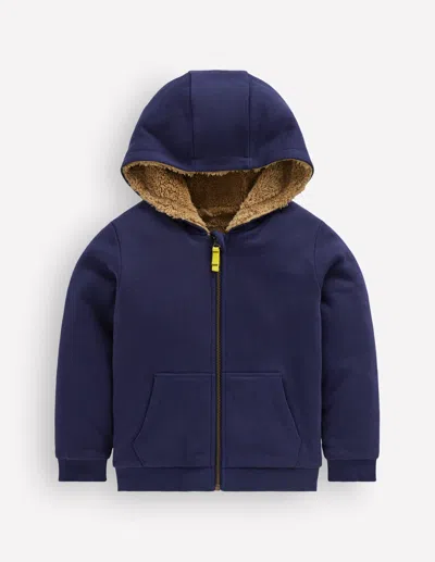Boden Kids' Boys Reversible Borg Hoody In Blue | Size 2-3 Years