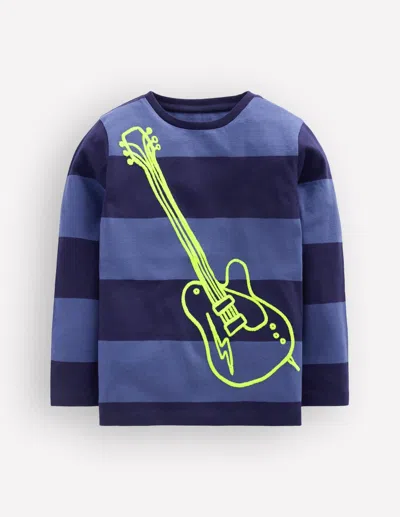 Boden Kids' Boys Striped Stitch Detail T-shirt In Blue | Size 2-3 Years