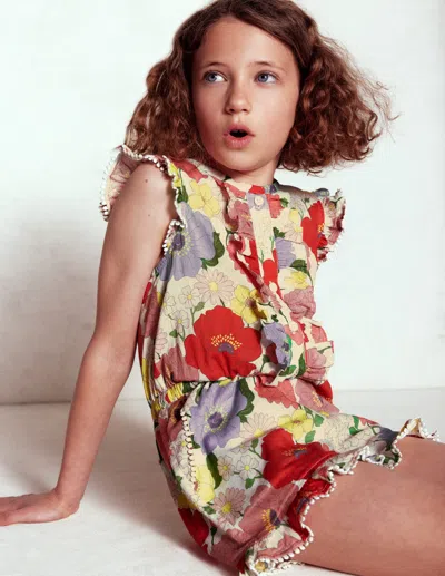 Boden Kids' Button Through Ruffle Playsuitmulti Summer Garden Girls