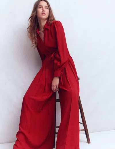 Boden Button Up Palazzo Jumpsuit Crimson Red
