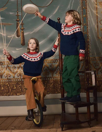 Boden Kids' Cable Fair Isle Sweater Medieval Blue  In Multi