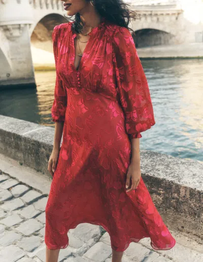 Boden Cassie Devore Midi Tea Dress Pink Peony, Dainty Medley  In Red