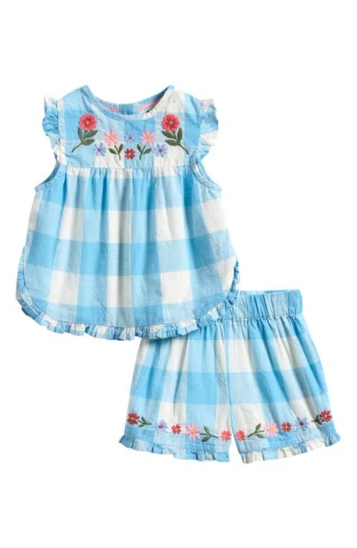 Boden Babies'  Check Embroidered Ruffle Cotton Top & Shorts Set In Blue