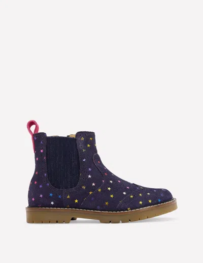 Boden Kids' Chelsea-stiefel Aus Leder-schuluniform-marineblau Metallic-sterne In Purple