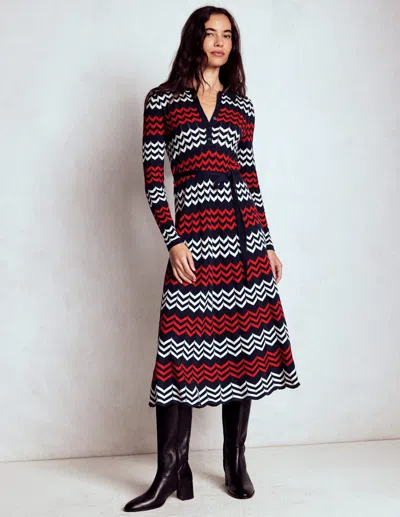 Boden Chevron Stitch Midi Dress Navy, Red And Ivory Chevron