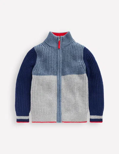 Boden Kids' Chunky Zip Through Jumper Grey Marl Colour Block  In Blue