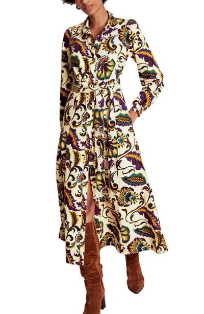 Boden Clara Print Tie Waist Long Sleeve Corduroy Midi Shirtdress In Neutral