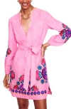 Boden Cleo Floral Embroidered Tie Waist Long Sleeve Linen Maxi Dress In Pink