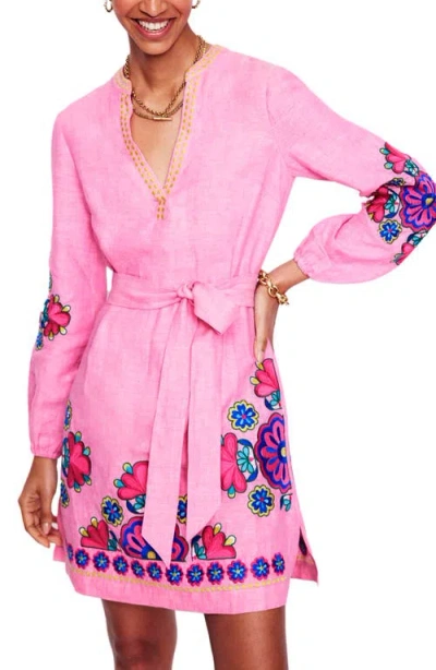 Boden Cleo Floral Embroidered Tie Waist Long Sleeve Linen Maxi Dress In Pink