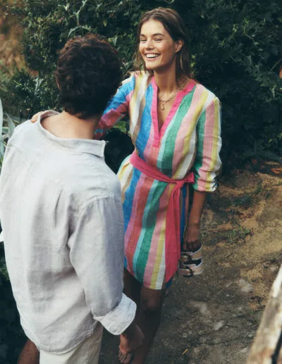 BODEN CLEO LINEN TIE WAIST DRESS-BRIGHT RAINBOW STRIPE FEMALE BODEN