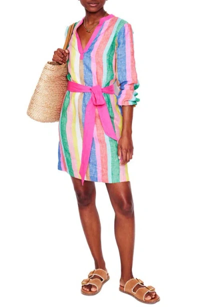 Boden Cleo Stripe Long Sleeve Linen Shift In Pink Multi