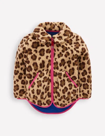 Boden Kids' Teddyfelljacke Mit Kragen Und Reissverschluss-mohair, Leopardenmuster In Brown
