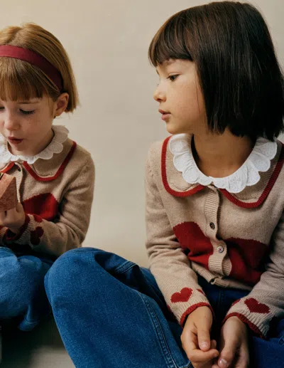 Boden Kids' Collared Logo Cardigan Chinchilla Melange Heart  In Brown