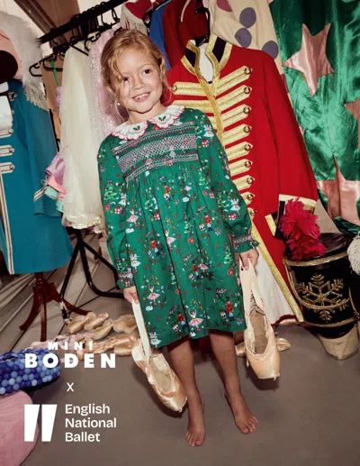 Boden Kids' Cosy Collar Detail Smock Dress Alpine Green Nutcracker