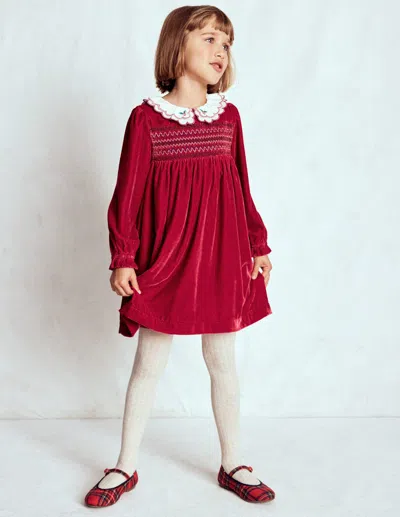 Boden Kids' Cosy Collar Detail Smock Dress Carmine Red