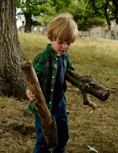 Boden Kids' Cosy Cotton Check Shirt Green Check