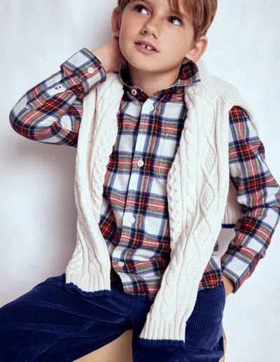Boden Kids' Cosy Cotton Check Shirt Ivory And Red Check  In Multi