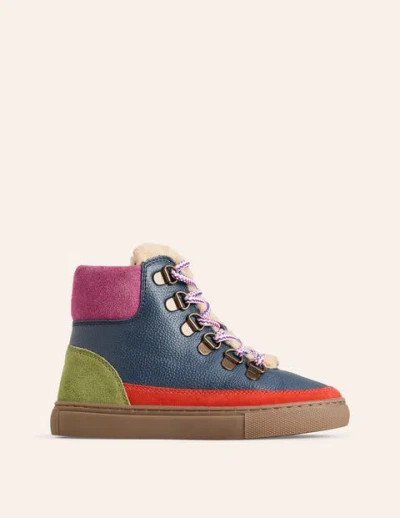Boden Kids' Cosy Leather Lace Up Boots Navy Colourblock Girls
