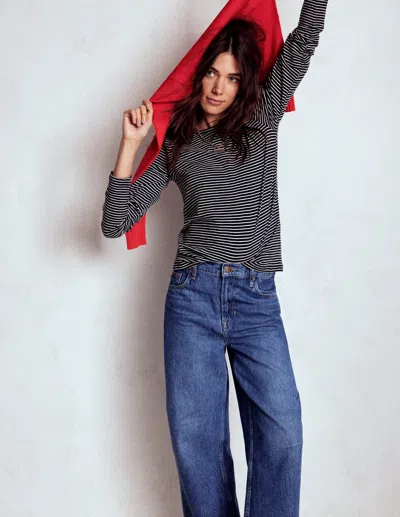 Boden Cotton Crew Long Sleeve Top-navy, Ivory Stripe Female  In Blue