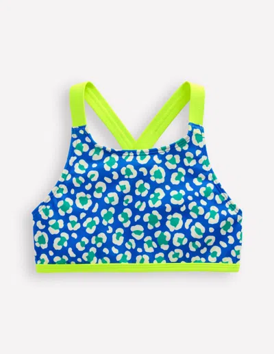 Boden Kids' Cross Back Bikini Top Aquamarine Leopard Girls  In Blue