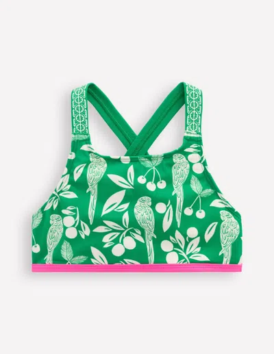Boden Kids' Cross Back Bikini Top Rich Emerald Parrot Palm Girls  In Green