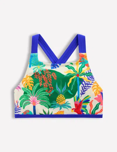 Boden Kids' Cross Back Bikini Top Soft Ivory Multi Jungle Girls