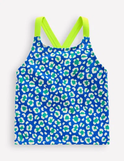 Boden Kids' Cross Back Tankini Top Aquamarine Leopard Girls  In Blue