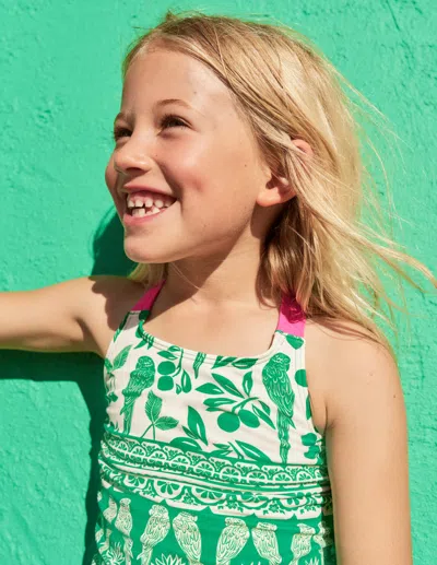 Boden Kids' Cross Back Tankini Top Rich Emerald Parrot Palm Girls  In Green