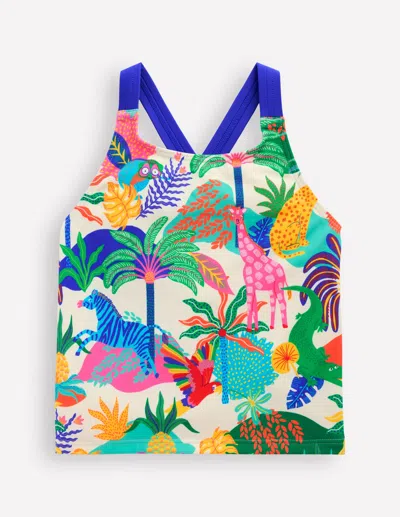 Boden Kids' Cross Back Tankini Top Soft Ivory Multi Jungle Girls