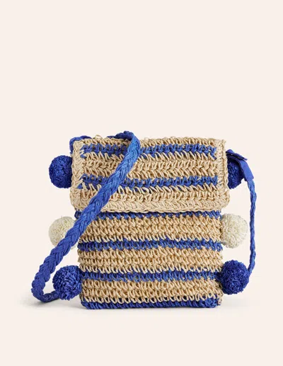Boden Kids' Cross Body Straw Bag Blue Stripe Poms