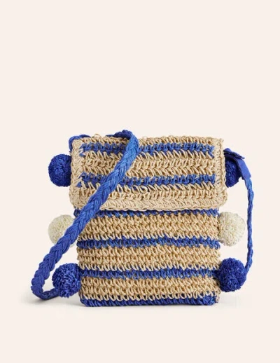 Boden Kids' Cross-body Straw Bag Blue Stripe Poms Girls