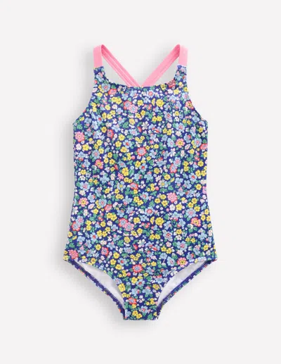 Boden Kids' Crossback Printed Swimsuitsapphire Blue Nautical Floral Girls