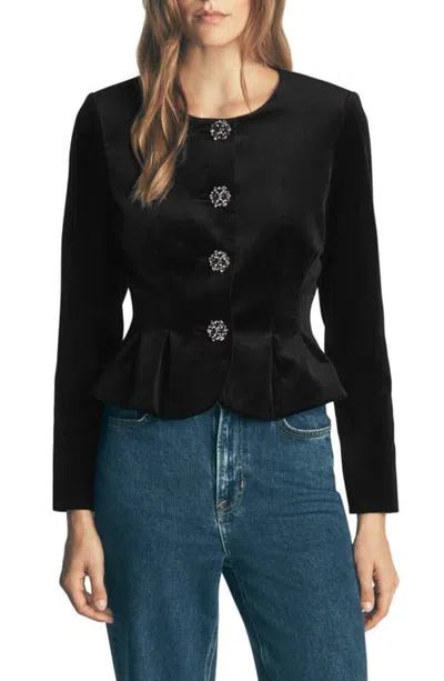 Boden Crystal Button Stretch Velvet Waisted Jacket In Black