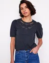 Boden Cutwork Puff Sleeve T-shirt-navy Female  In Blue