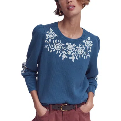 Boden Davina Embroidered Puff Sleeve Sweater In Blue