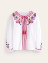 BODEN DIANA EMBROIDERED TIE NECK TOP WHITE EMBROIDERY WOMEN BODEN