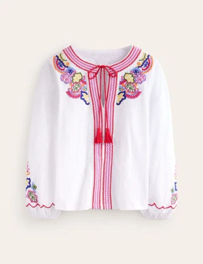 Boden Diana Embroidered Tie Neck Top White Embroidery Women