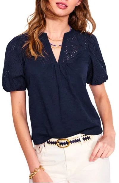 Boden Dolly Embroidered Eyelet Cotton Puff Sleeve Top In Navy